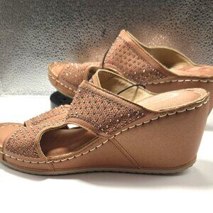 Atalina Women's Bronze Rose Studded Faux Leather Open Toe Wedge Sandals Size 7.5